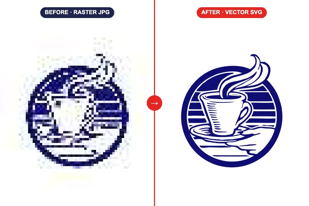 Coffee emblem logo before and after vectorization