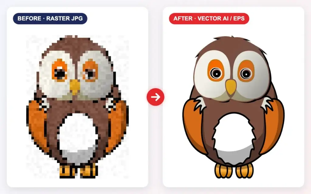Convert raster to vector sample – low-resolution owl mascot redrawn as clean vector artwork