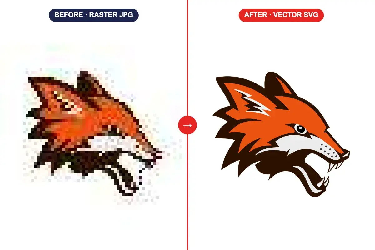 Fox mascot artwork raster vs vector comparison