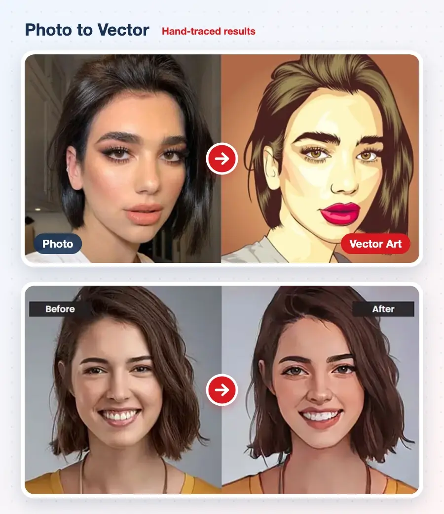 Photo to vector conversion – portrait before and after vector art