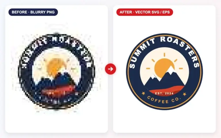 PNG to vector conversion – blurry PNG coffee logo converted to a sharp vector SVG and EPS