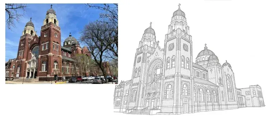 Raster image to vector line art conversion of a church photo