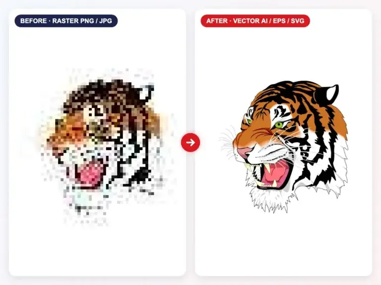 Raster to vector conversion service – pixelated tiger PNG before and clean vector artwork after