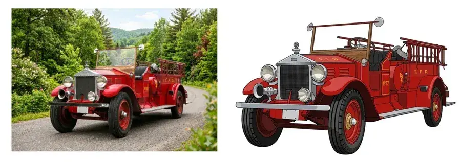 Raster photo to vector fire truck illustration