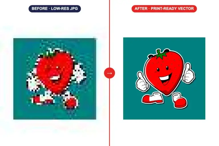 Strawberry mascot converted into print ready vector graphics
