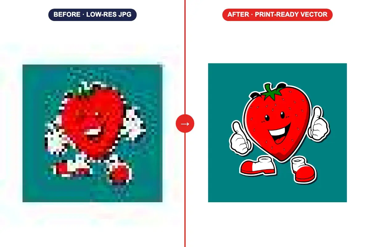 Strawberry mascot converted into print ready vector graphics