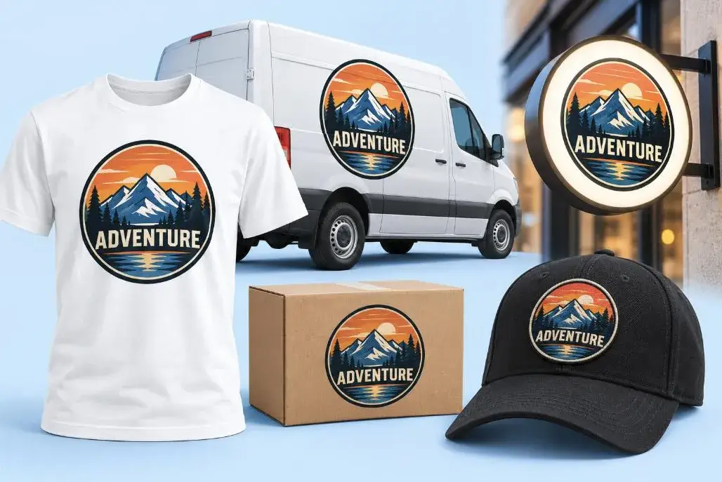 Vector artwork on t-shirt, van, store sign, packaging and cap